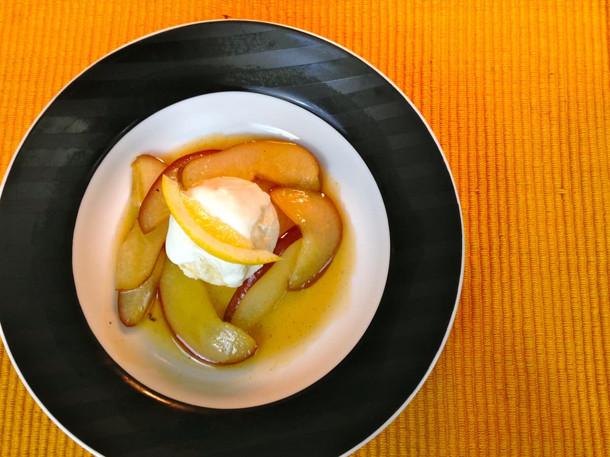 Winter Warmer: Pear Flambé with Vanilla Bean Ice Cream and Crème Fraîche