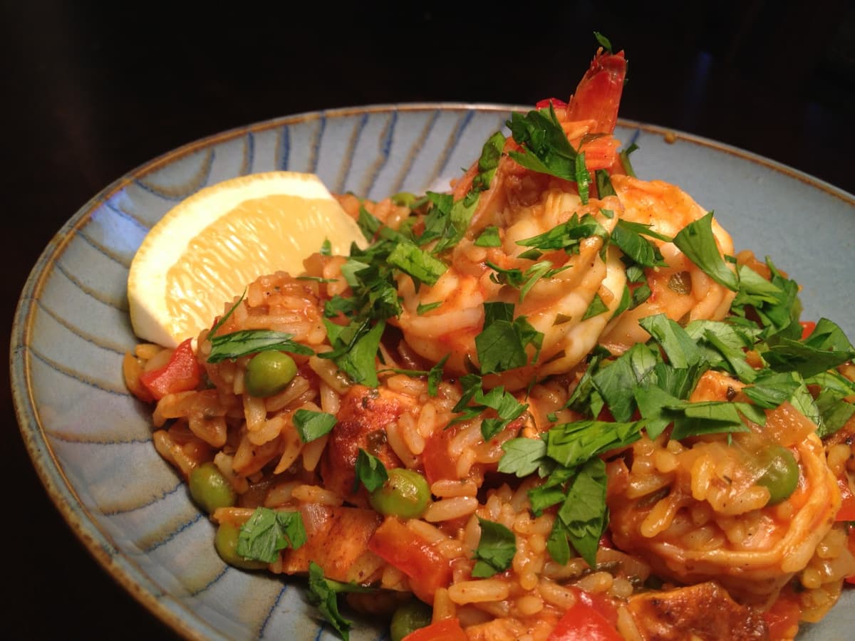 Poor Man's Paella with Chicken, Chorizo and Shrimp