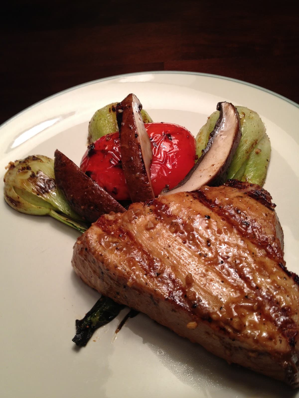 Soft-core Albacore with Bok Choy, Portabella and Red Bell Pepper